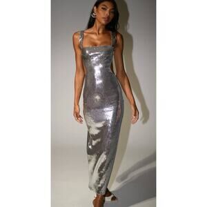 NWT Meshki Adoria Sequin Maxi Dress Silver Sequin Sparkle Nightflash S